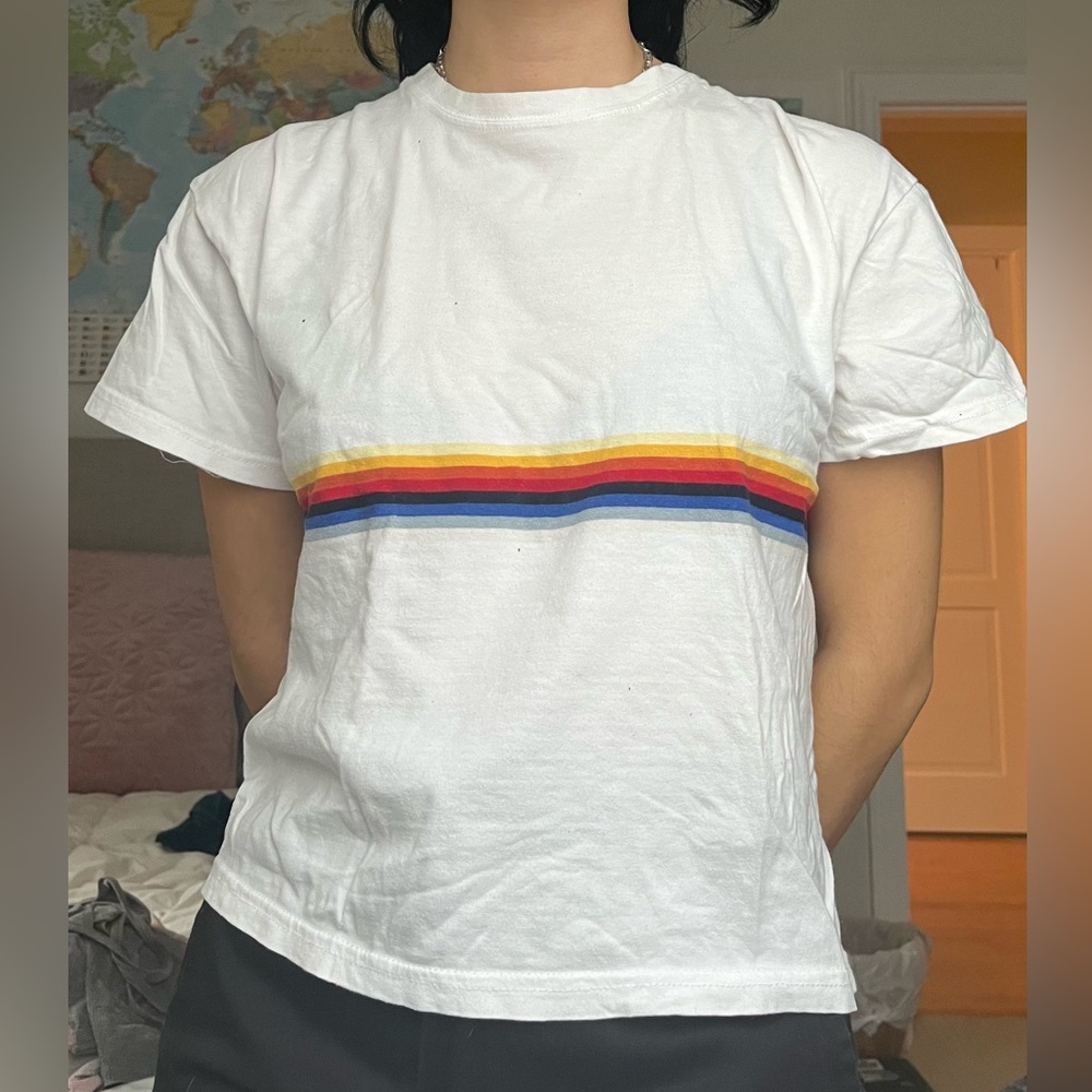 White Brandy Melville T-Short with Rainbow Stripe